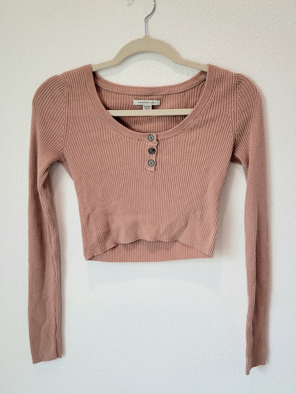 American Eagle XS‎ Cropped Ribbed Long Sleeve Tee Dusty Rose